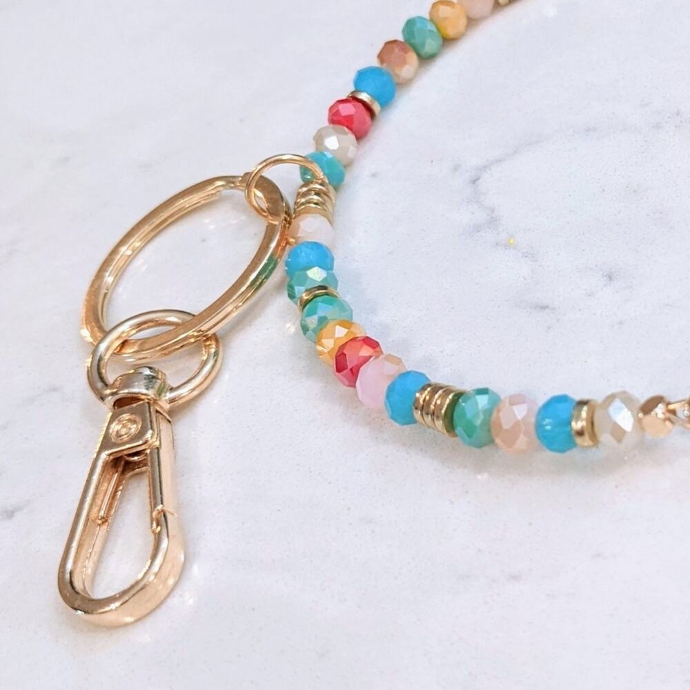 GOLD TONE CROSS Glass Bead Bracelet Style Hoop Key Chain with Closed Hook NEW - Picture 5 of 6